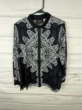 Bob Mackie Wearable Art Black and White Paisley Print Long Sleeve Button-Down